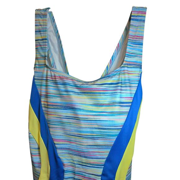 Lands End One Piece Swimsuit X-Back Plus Sz 18 W Colorblock Blue Yellow Modest - Picture 5 of 11